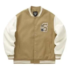 Chaqueta de béisbol con letras estampadas «Beige, blanco y negro»