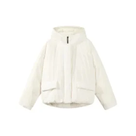 Chaqueta de plumón con capucha, puños elásticos y cremallera oculta en color liso «Rosa-Blanco»