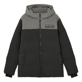 Chaqueta de plumón con capucha y letras en contraste «Negro Gris»