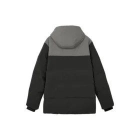 Chaqueta de plumón con capucha y letras en contraste «Negro Gris»