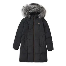 Chaqueta larga con capucha peluda y cordón en la cintura “Negro Blanco”